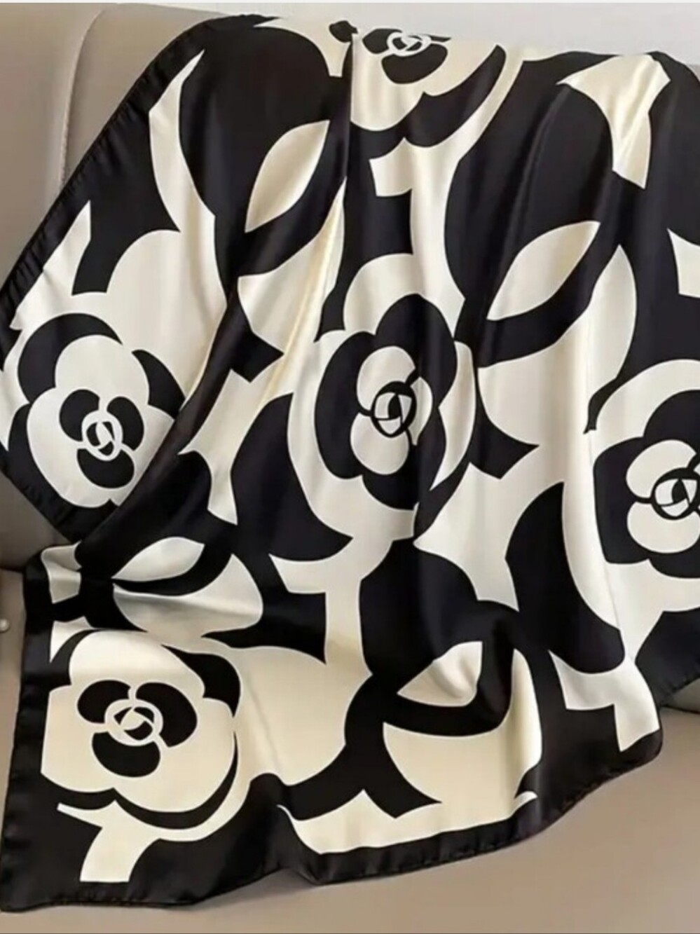 Silk-feel Black & White Floral Silk Scarf Head Scarf , Neck Scarf